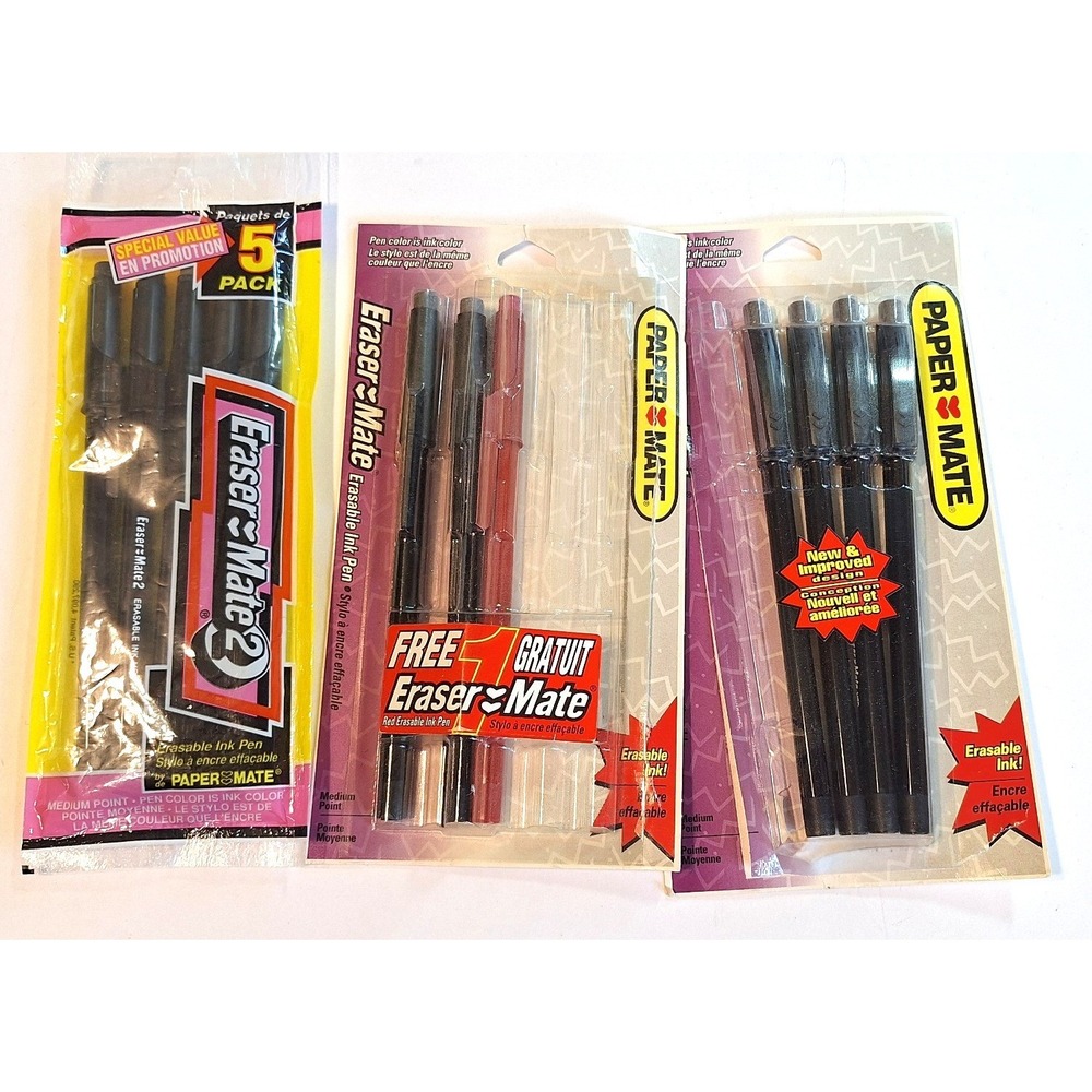 Vintage Paper Mate Eraser Mate Erasable Ink Pen Lot 12 Total Black Red 1990s NOS